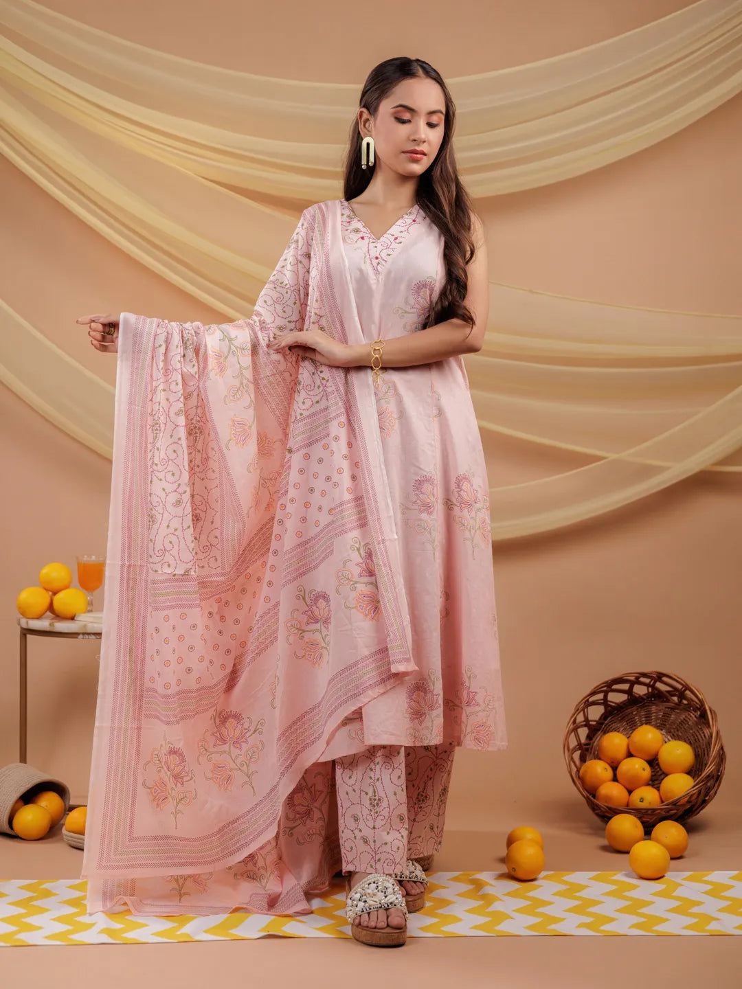 Yufta Cotton Pink Sleeveless Kurta Dupatta Set - Distacart