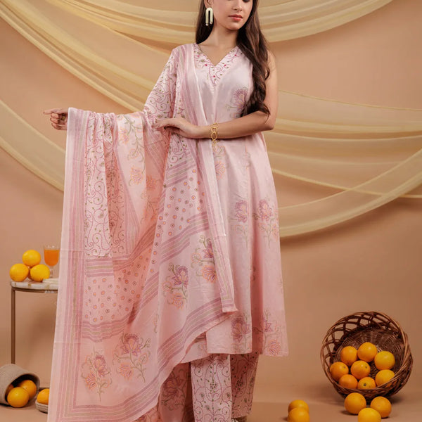 Yufta Cotton Pink Sleeveless Kurta Dupatta Set - Distacart