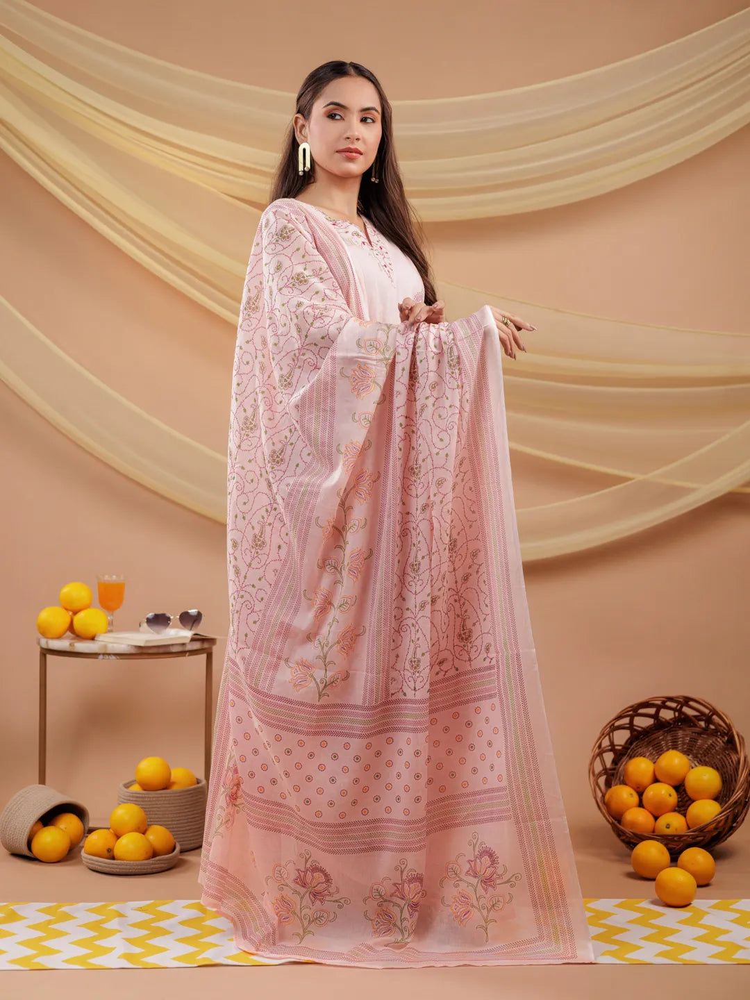 Yufta Cotton Pink Sleeveless Kurta Dupatta Set - Distacart