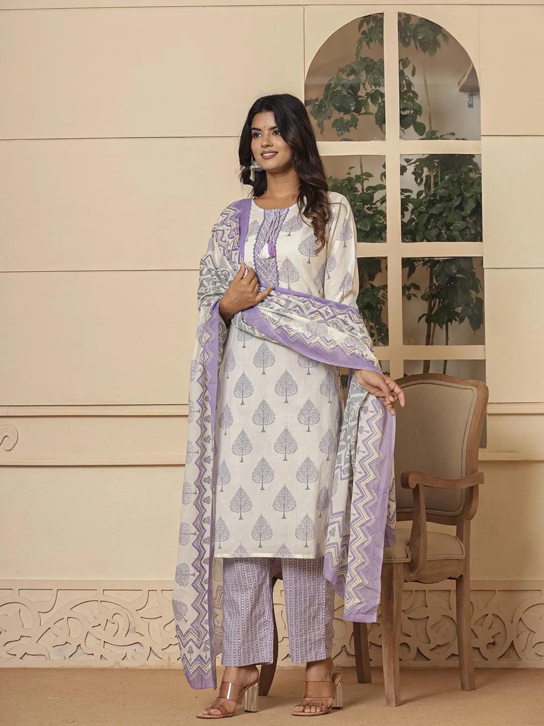 Yufta Cotton Purple And White Kurta Dupatta Set - Distacart