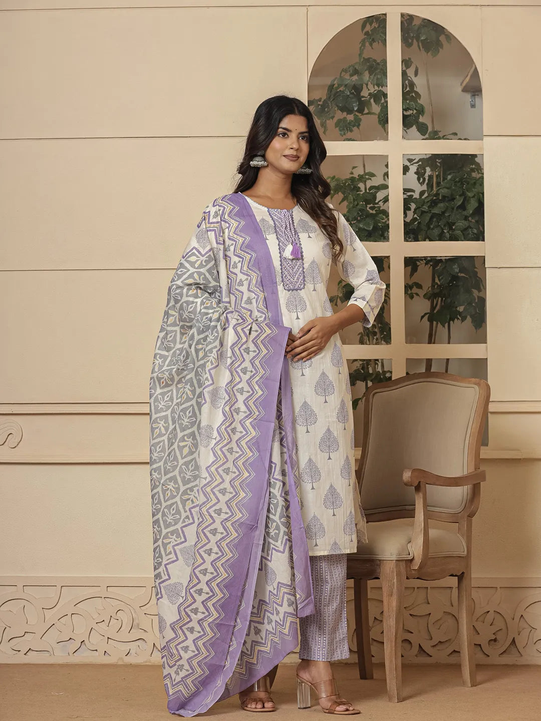Yufta Cotton Purple And White Kurta Dupatta Set - Distacart