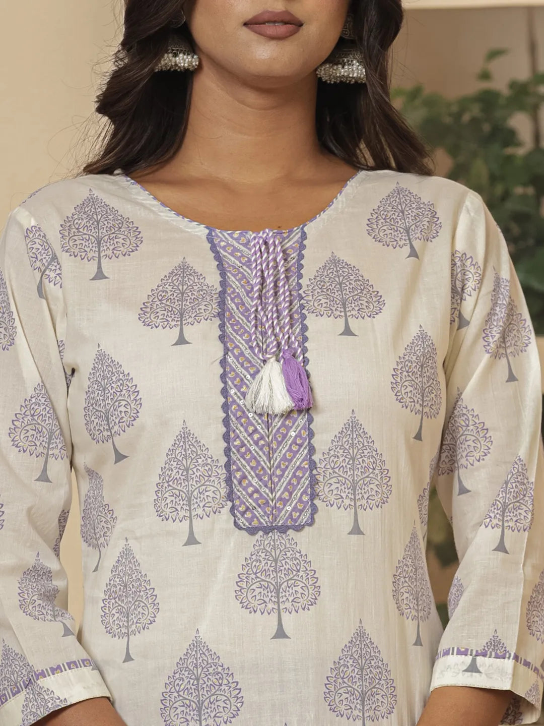Yufta Cotton Purple And White Kurta Dupatta Set