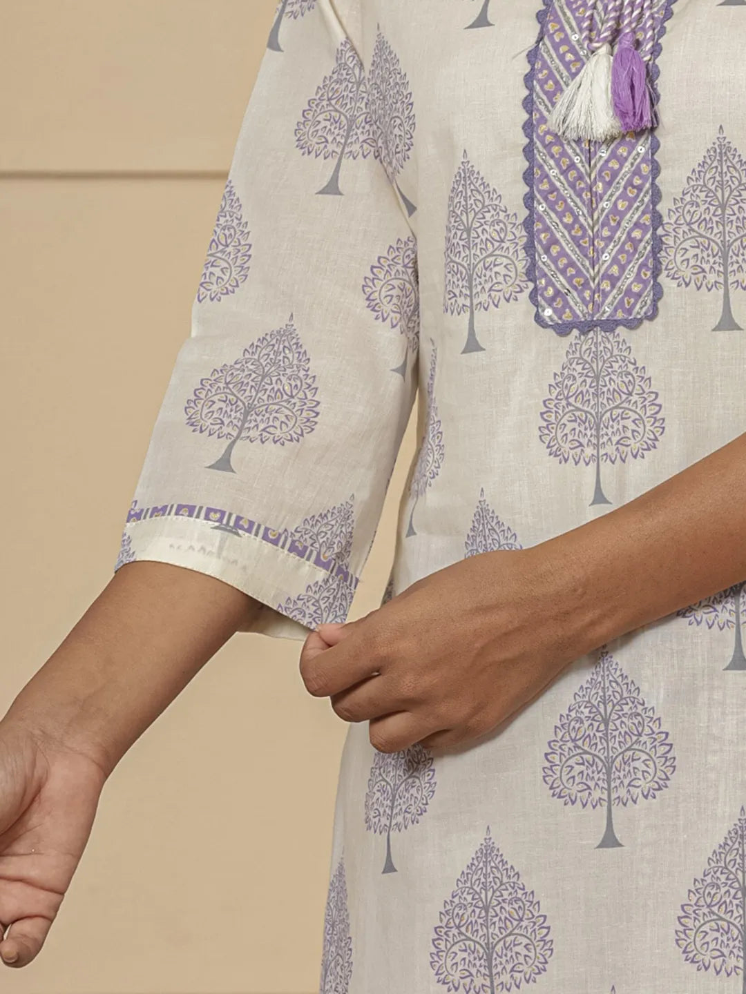Yufta Cotton Purple And White Kurta Dupatta Set