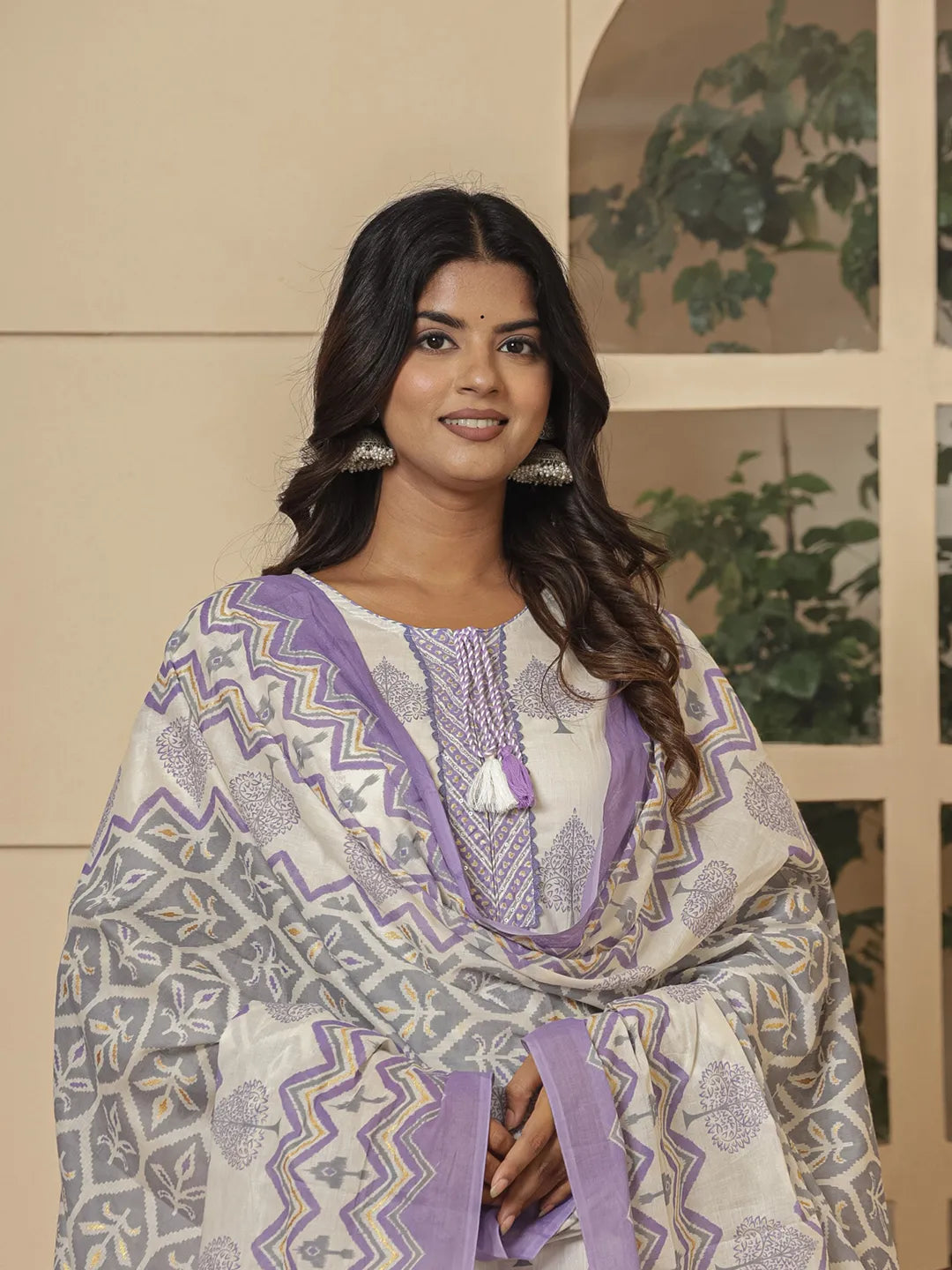 Yufta Cotton Purple And White Kurta Dupatta Set