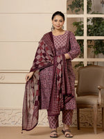 Thumbnail for Yufta Cotton Purple Kantha_Work Plus Size Kurta Dupatta Pant Set