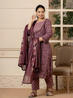 Thumbnail for Yufta Cotton Purple Kantha_Work Plus Size Kurta Dupatta Pant Set