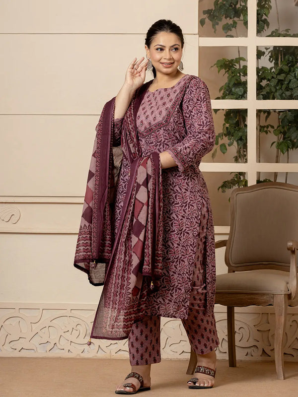 Yufta Cotton Purple Kantha_Work Plus Size Kurta Dupatta Pant Set