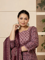 Thumbnail for Yufta Cotton Purple Kantha_Work Plus Size Kurta Dupatta Pant Set