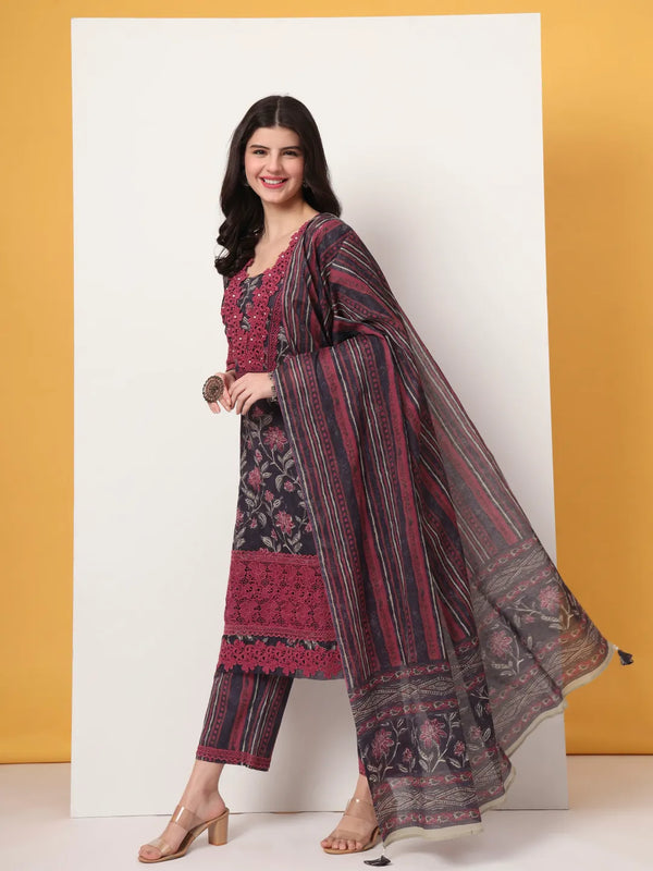 Yufta Cotton Purple Kurta Dupatta Set With Lace Detailing