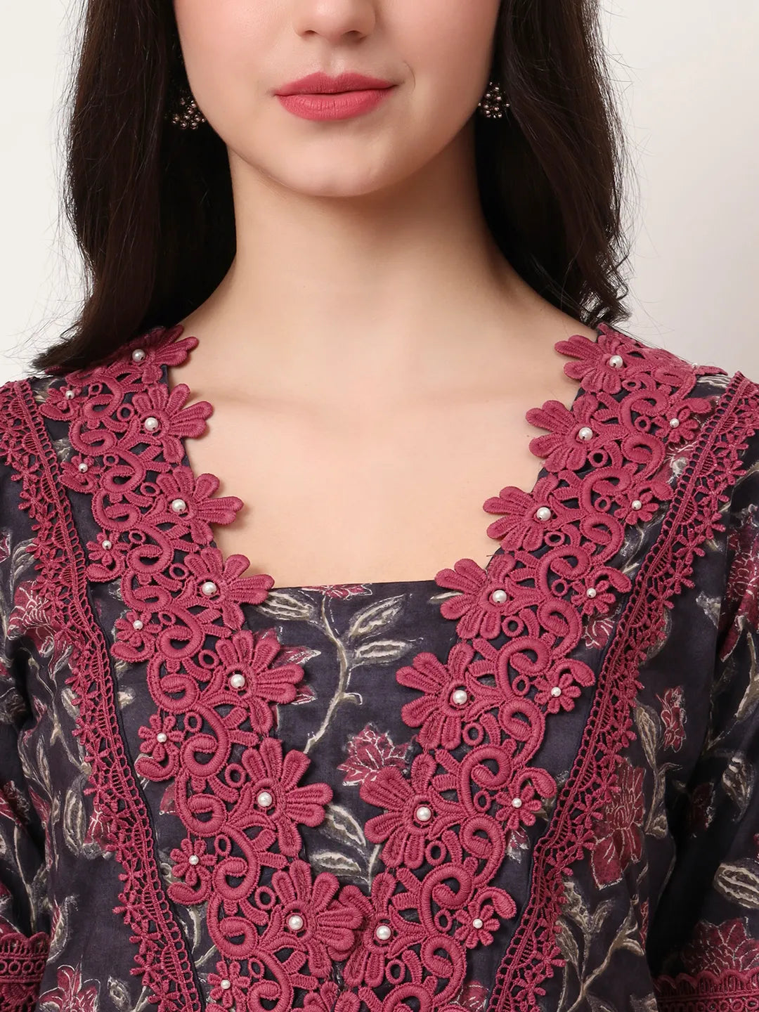 Yufta Cotton Purple Kurta Dupatta Set With Lace Detailing