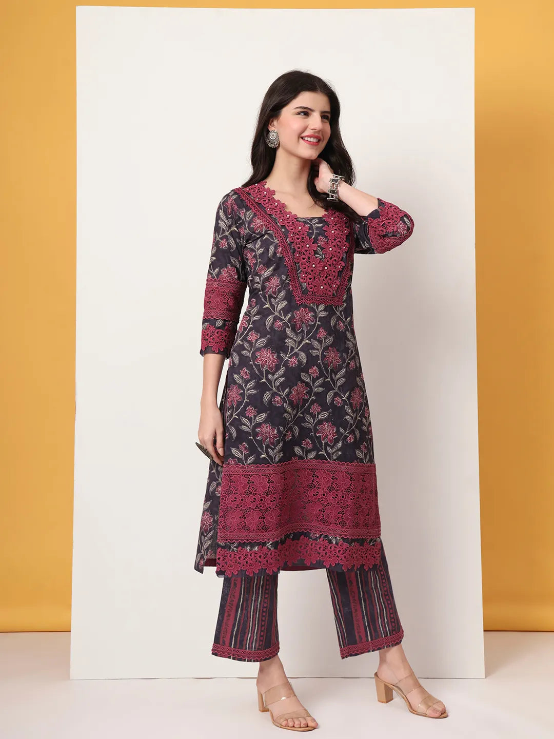 Yufta Cotton Purple Kurta Dupatta Set With Lace Detailing