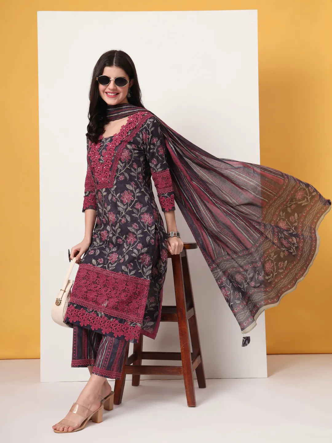 Yufta Cotton Purple Kurta Dupatta Set With Lace Detailing