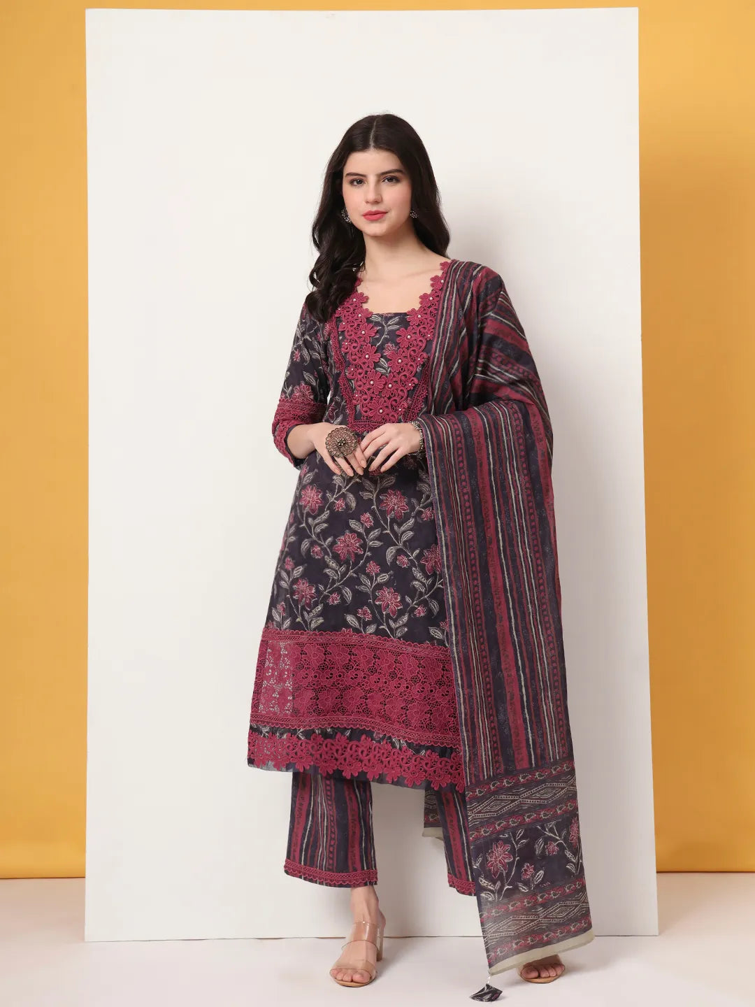 Yufta Cotton Purple Kurta Dupatta Set With Lace Detailing - Distacart