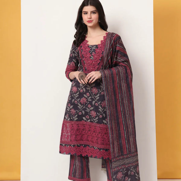 Yufta Cotton Purple Kurta Dupatta Set With Lace Detailing - Distacart