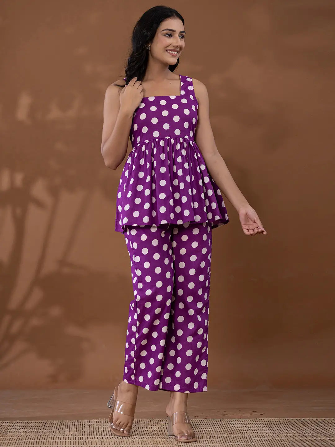 Yufta Cotton Purple Polka Dot Co-Ord Set