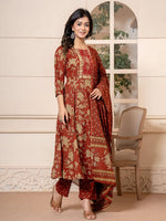 Thumbnail for Yufta Cotton Red Anarkali Dupatta Set