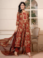 Thumbnail for Yufta Cotton Red Anarkali Dupatta Set