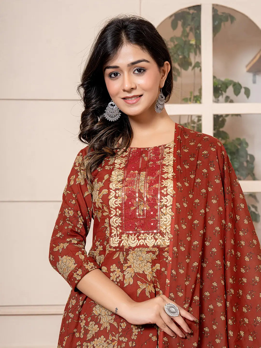 Yufta Cotton Red Anarkali Dupatta Set