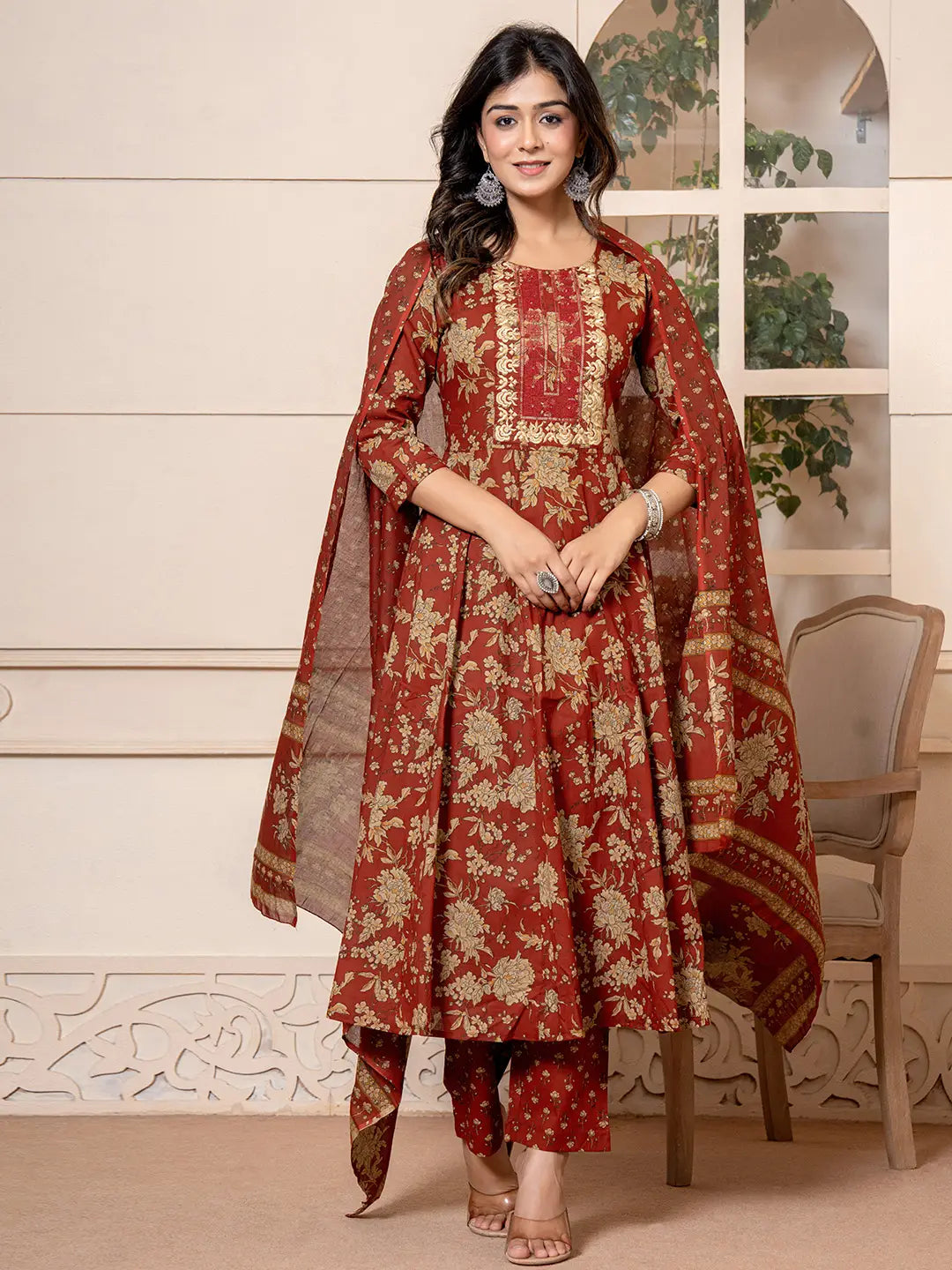 Yufta Cotton Red Anarkali Dupatta Set