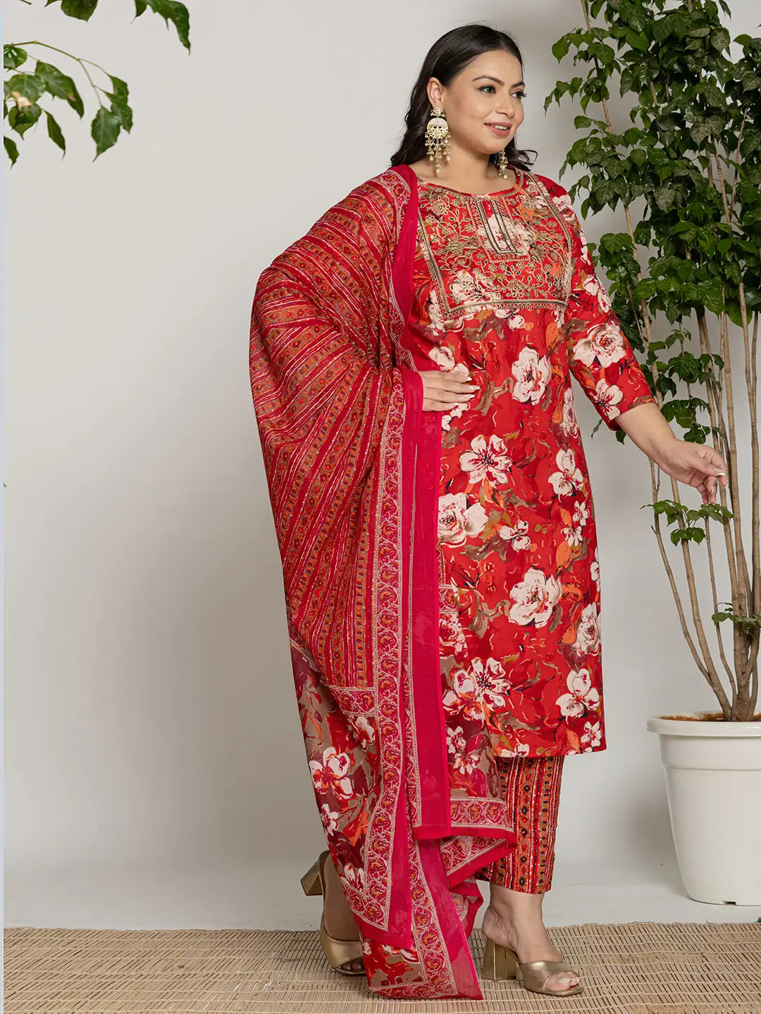 Yufta Cotton Red Embroidered Plus Size Kurta Dupatta Set - Distacart