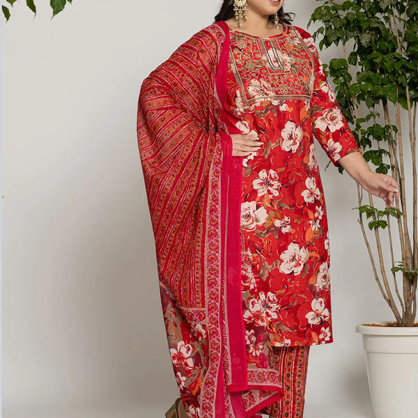 Yufta Cotton Red Embroidered Plus Size Kurta Dupatta Set - Distacart