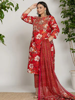 Thumbnail for Yufta Cotton Red Embroidered Plus Size Kurta Dupatta Set