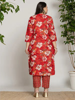Thumbnail for Yufta Cotton Red Embroidered Plus Size Kurta Dupatta Set