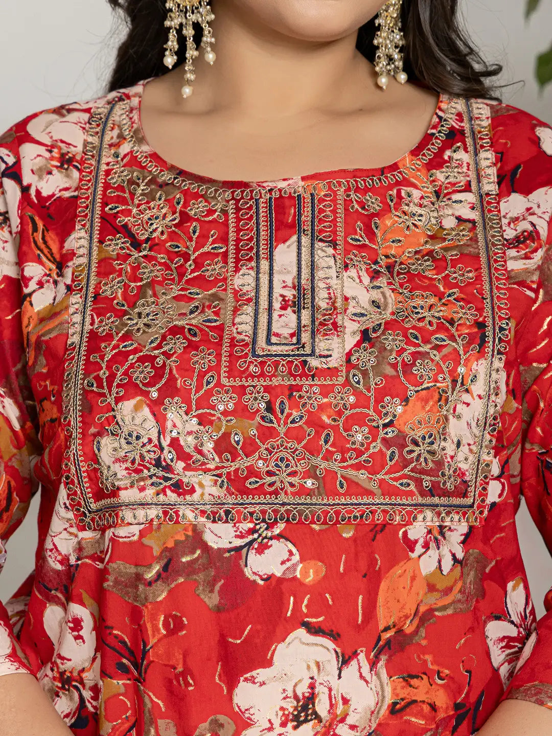 Yufta Cotton Red Embroidered Plus Size Kurta Dupatta Set