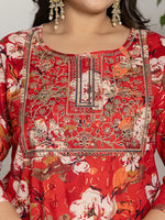 Thumbnail for Yufta Cotton Red Embroidered Plus Size Kurta Dupatta Set