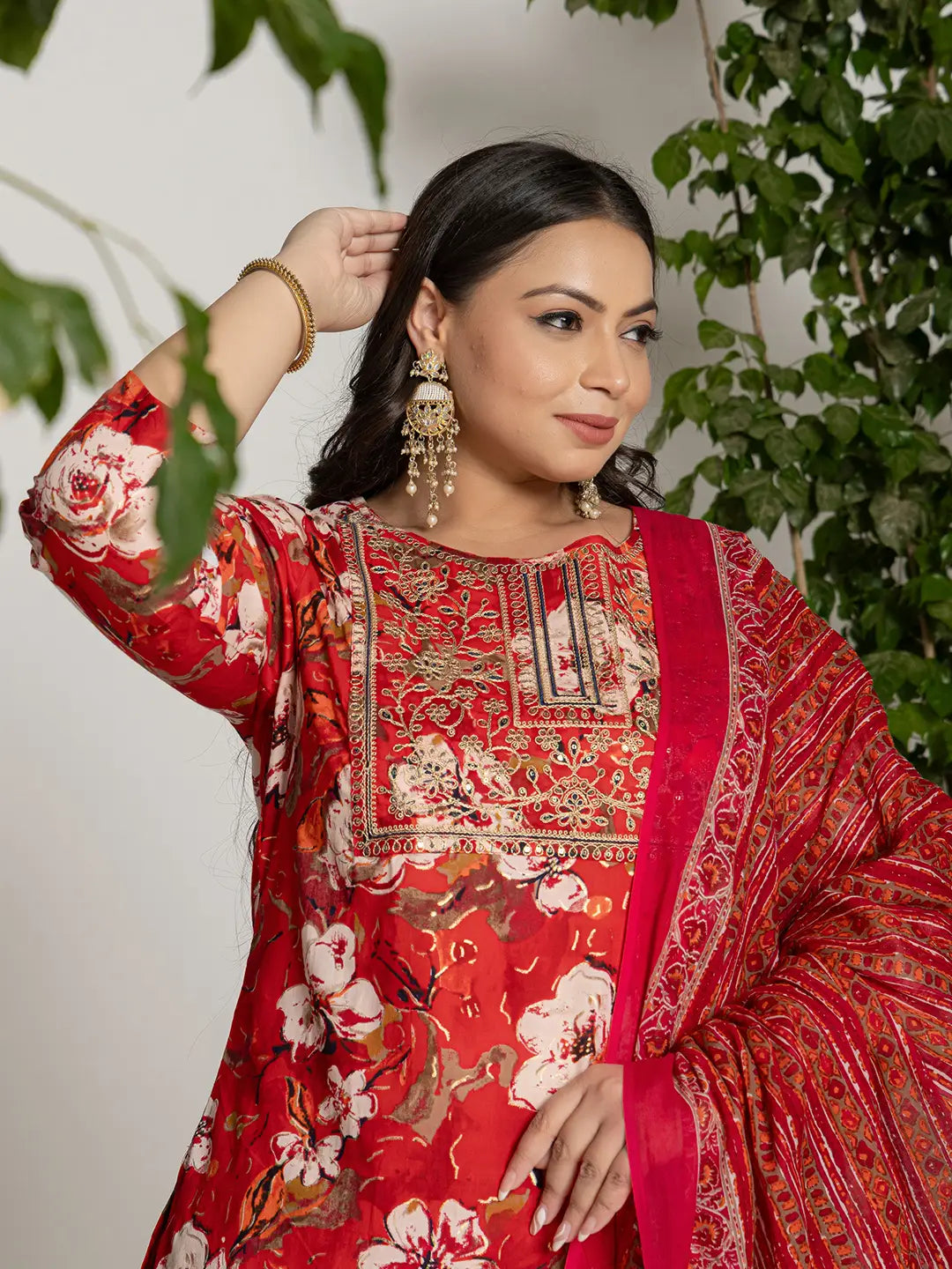 Yufta Cotton Red Embroidered Plus Size Kurta Dupatta Set