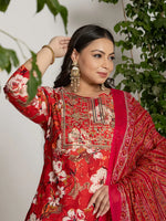 Thumbnail for Yufta Cotton Red Embroidered Plus Size Kurta Dupatta Set