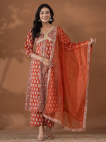 Thumbnail for Yufta Cotton Rust Anarkali Ethnic Motifs Kurta Dupatta Set