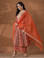 Thumbnail for Yufta Cotton Rust Anarkali Ethnic Motifs Kurta Dupatta Set