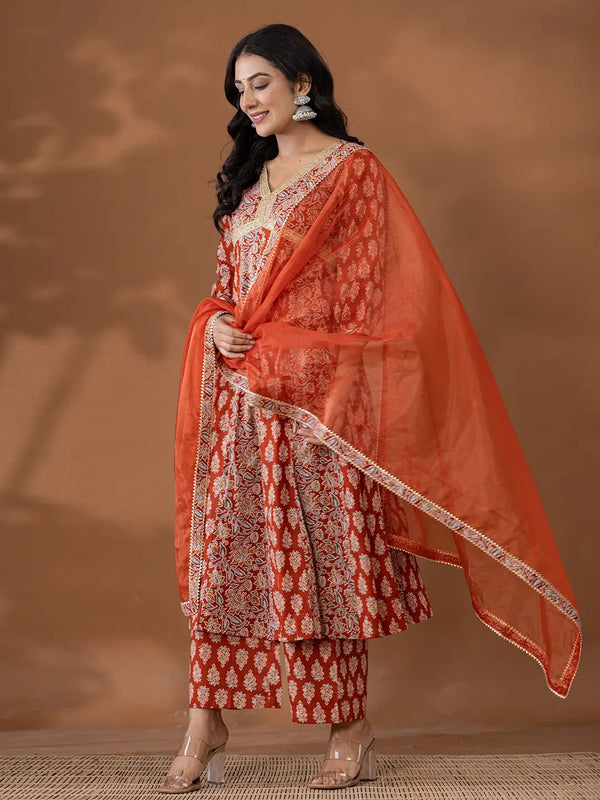 Yufta Cotton Rust Anarkali Ethnic Motifs Kurta Dupatta Set