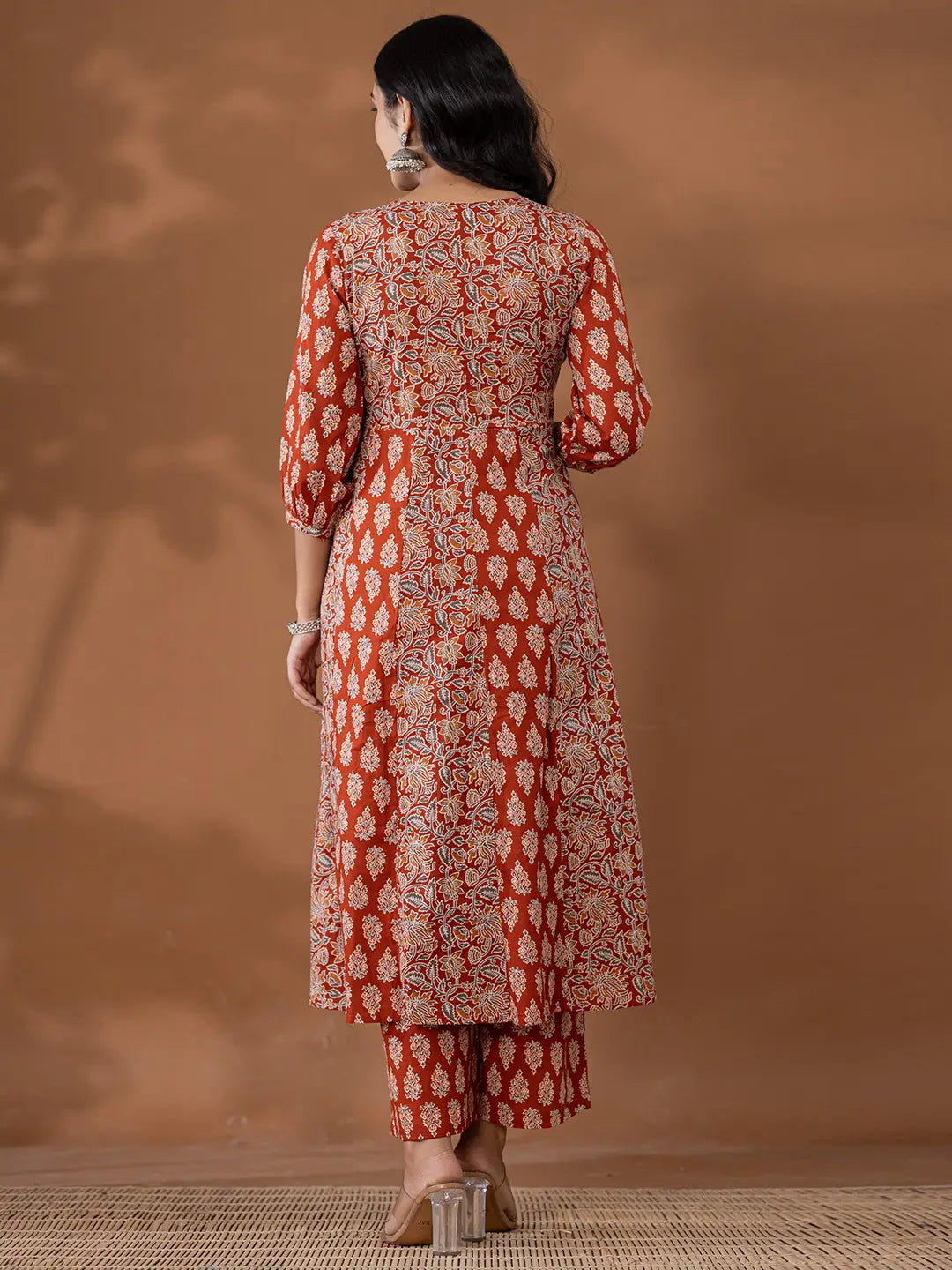 Yufta Cotton Rust Anarkali Ethnic Motifs Kurta Dupatta Set