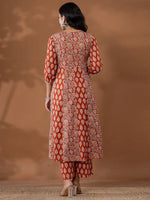 Thumbnail for Yufta Cotton Rust Anarkali Ethnic Motifs Kurta Dupatta Set