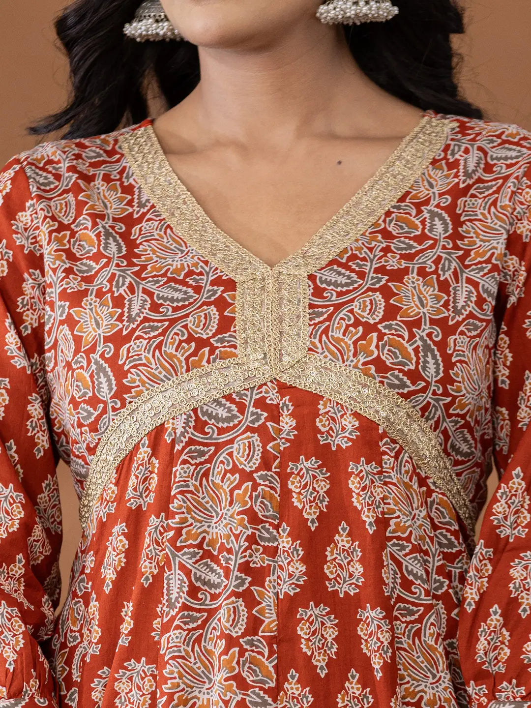Yufta Cotton Rust Anarkali Ethnic Motifs Kurta Dupatta Set