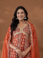 Thumbnail for Yufta Cotton Rust Anarkali Ethnic Motifs Kurta Dupatta Set