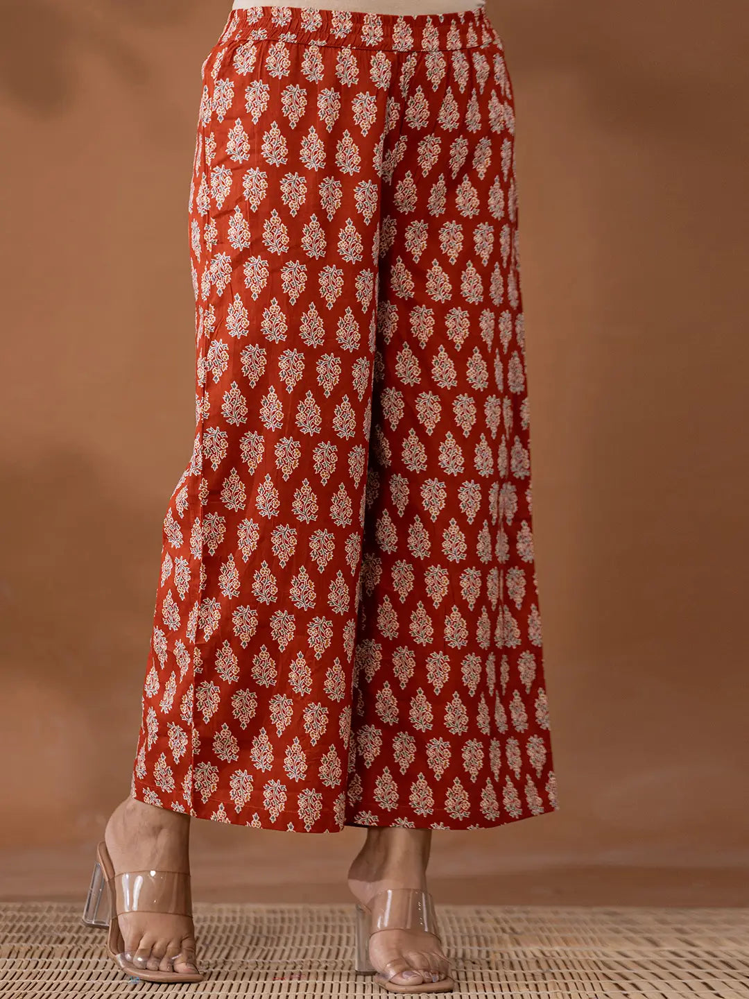 Yufta Cotton Rust Anarkali Ethnic Motifs Kurta Dupatta Set