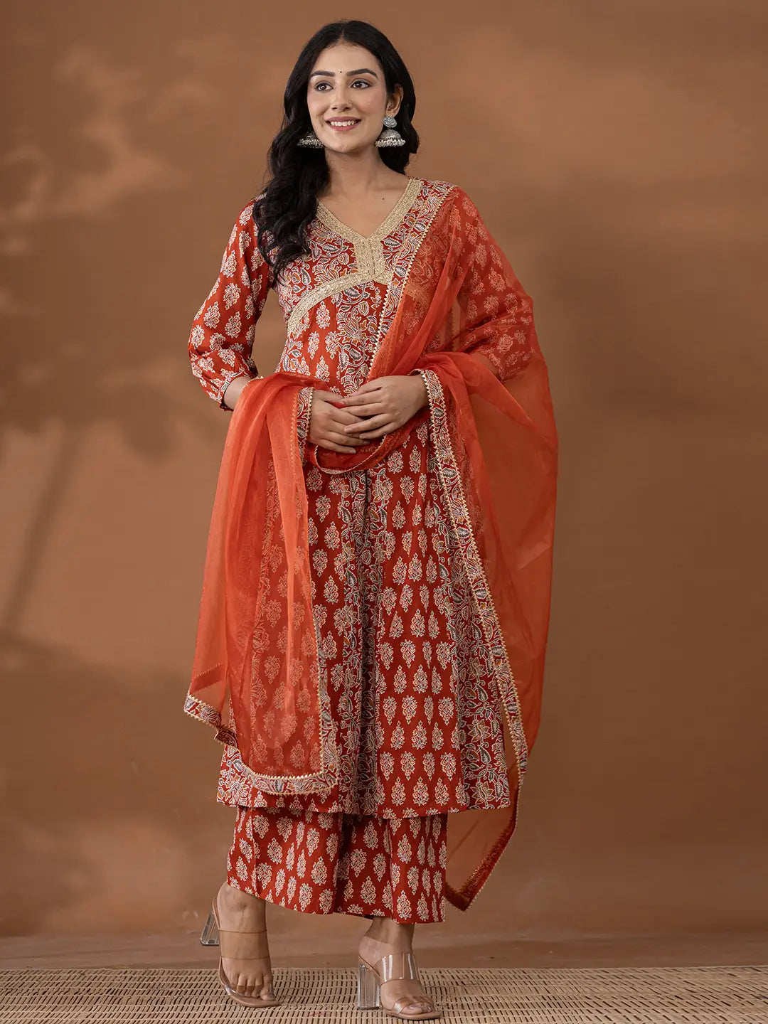 Yufta Cotton Rust Anarkali Ethnic Motifs Kurta Dupatta Set