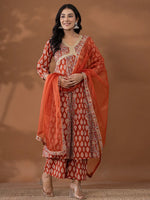 Thumbnail for Yufta Cotton Rust Anarkali Ethnic Motifs Kurta Dupatta Set