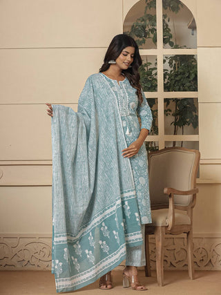 Yufta Cotton Sea Green Sequins_Work Straight Kurta Dupatta Set - Distacart