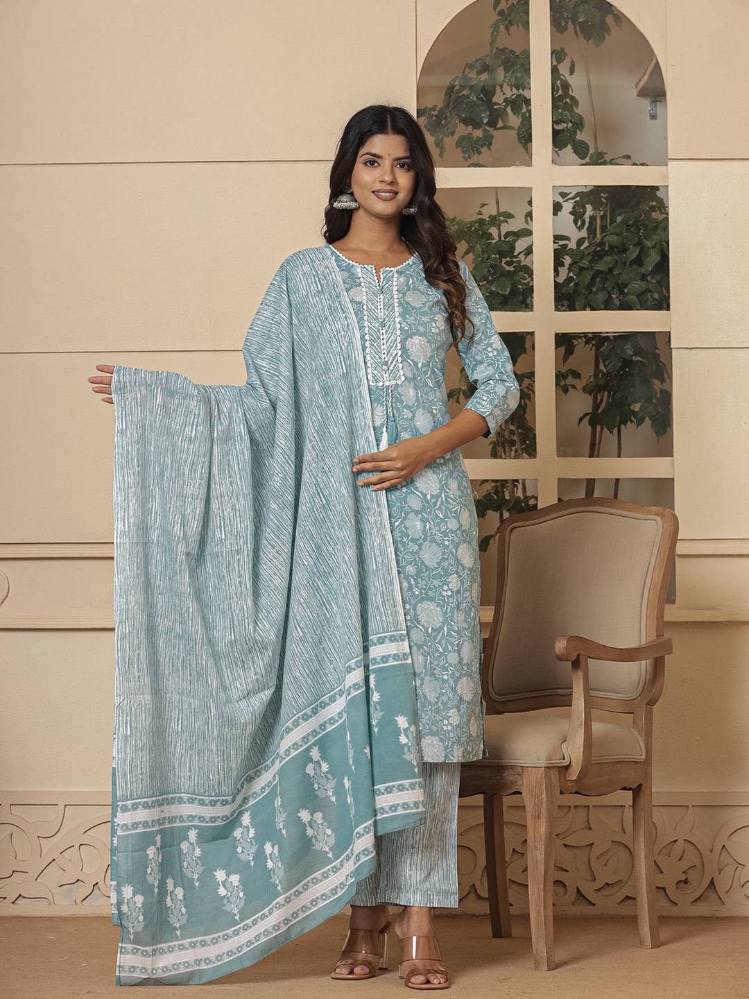 Yufta Cotton Sea Green Sequins_Work Straight Kurta Dupatta Set - Distacart