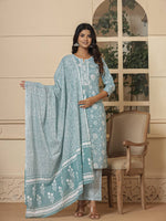 Thumbnail for Yufta Cotton Sea Green Sequins_Work Straight Kurta Dupatta Set - Distacart