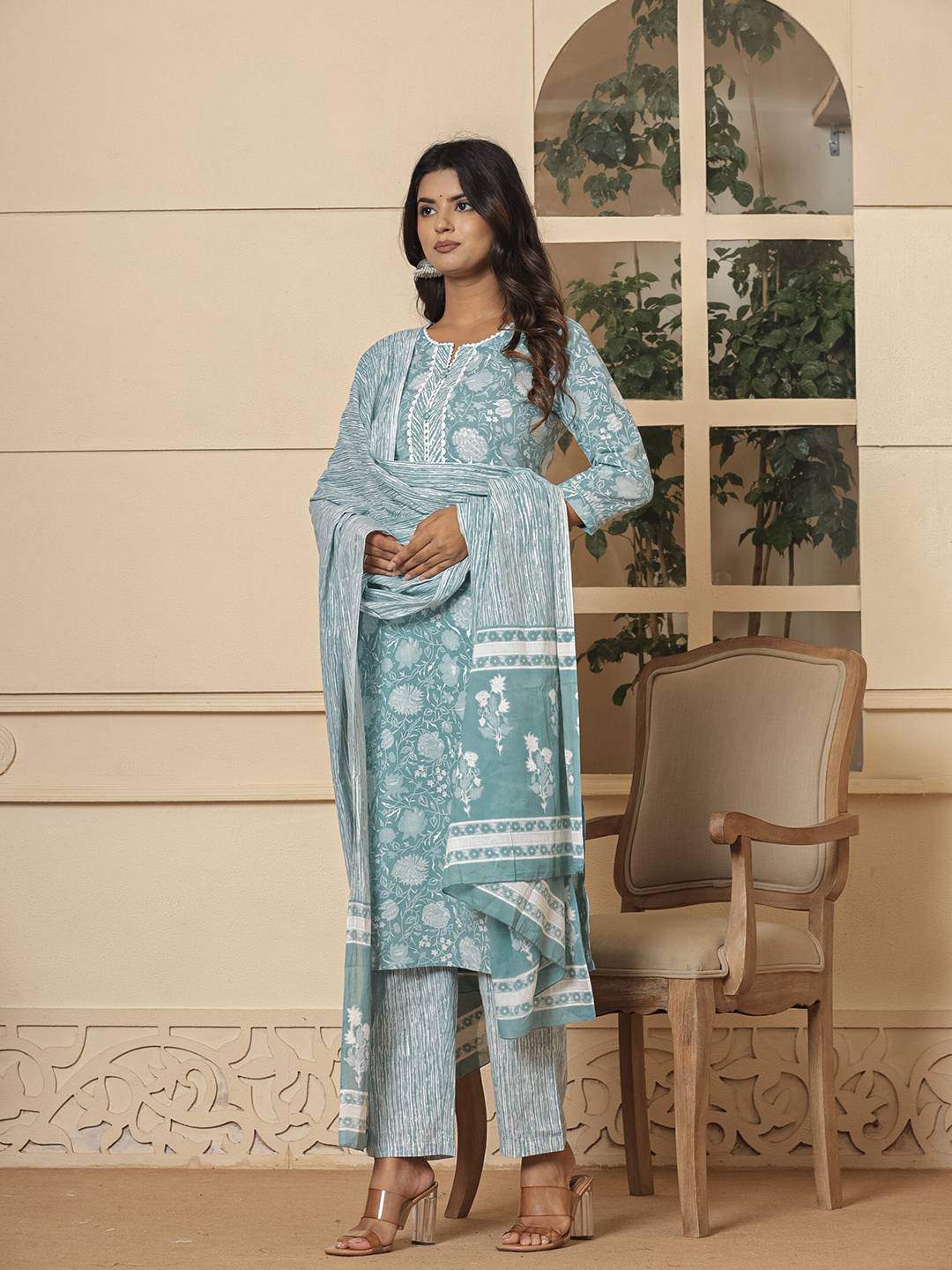 Yufta Cotton Sea Green Sequins_Work Straight Kurta Dupatta Set - Distacart