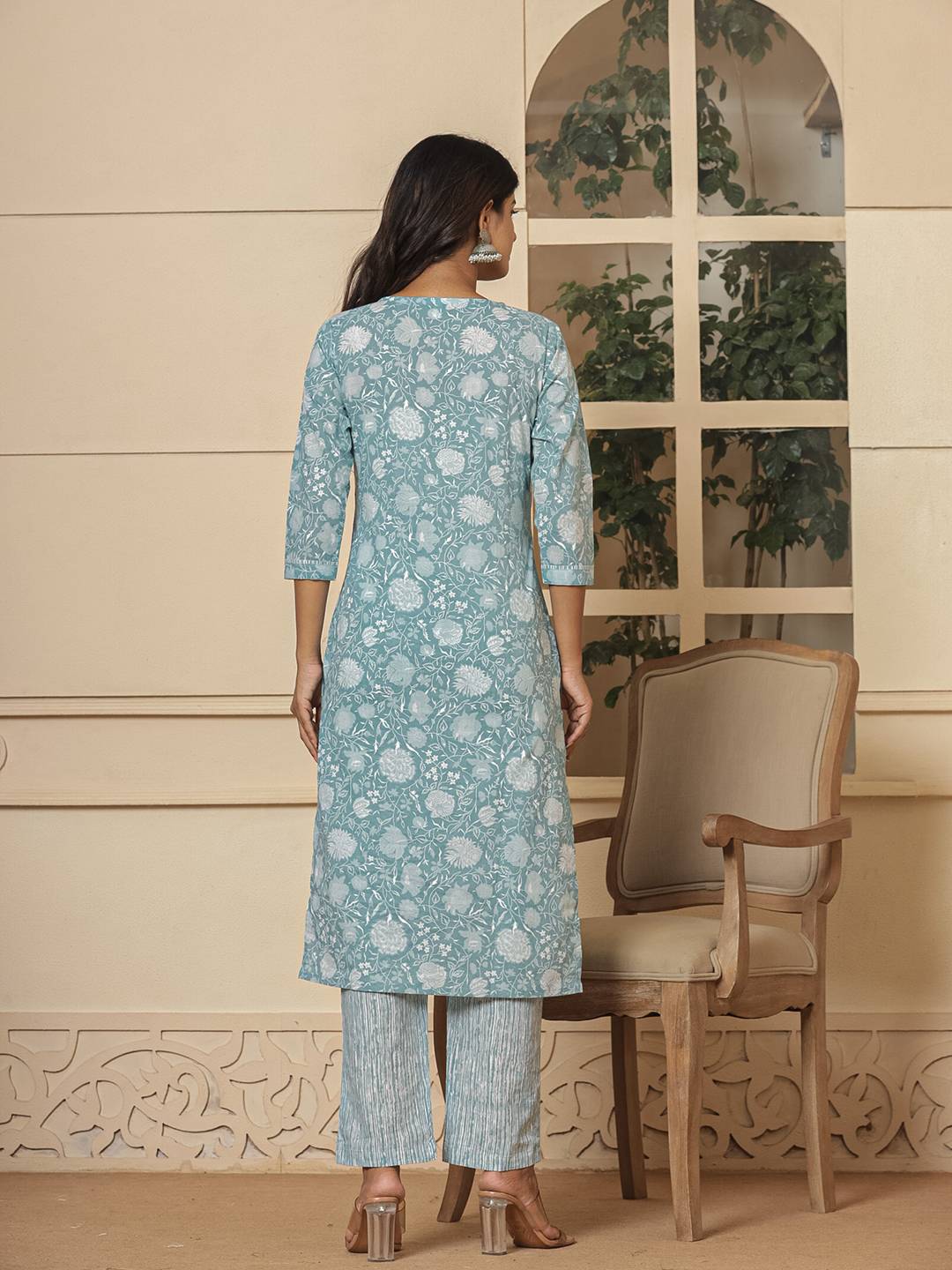 Yufta Cotton Sea Green Sequins_Work Straight Kurta Dupatta Set - Distacart