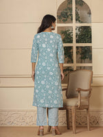 Thumbnail for Yufta Cotton Sea Green Sequins_Work Straight Kurta Dupatta Set - Distacart