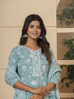 Thumbnail for Yufta Cotton Sea Green Sequins_Work Straight Kurta Dupatta Set - Distacart
