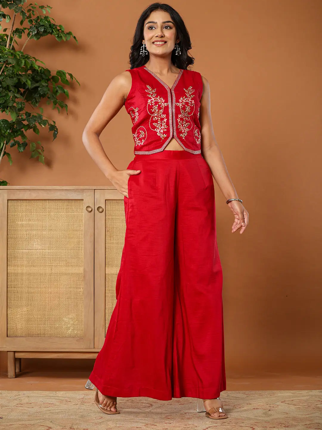 Yufta Cotton Silk Waist Coat Co-Ord Set With Attached Cotton Lining