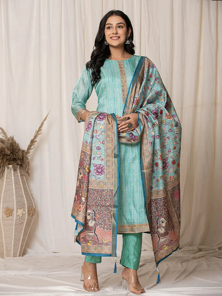 Yufta Cotton Sky Blue A-Line Kurta Dupatta Set